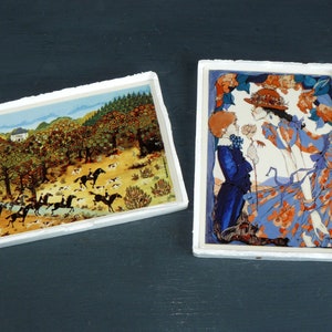 2 tarjetas de porcelana vintage VilboCard *Villeroy&Boch* El caballero de la rosa y la caza, años 70