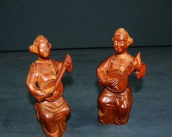 midcentury 2 Wood Carving Figure Sitar Player Indonesia 60s wood carved sitarplayer