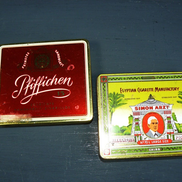 midcentury 2 Tin Can*Egyptian Cigarette, Pfiffichen* Cigarette Cans 50s