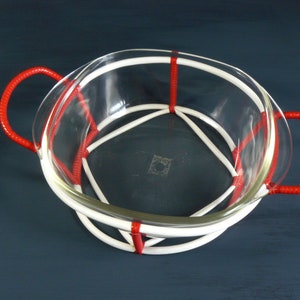 casseruola di metà secolo con porta cestello Jenaer Glas Schott & Gen Mainz anni '60