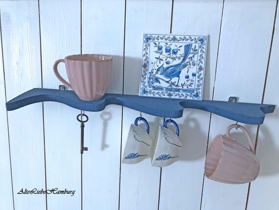 Tassenregal Wandregal Holz Blau, handgefertigtes Regal mit 4 Haken, Küchenregal, Wanddeko, Geschenk Einzug