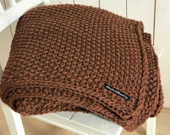 Knitted Blanket made of brown meliert Merino wool - handmade