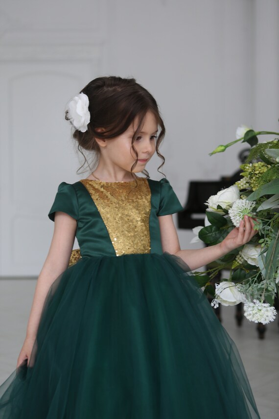 emerald green and gold flower girl dresses