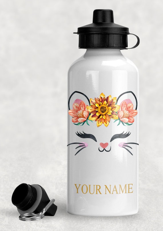 Personalized Water Bottle, Cat Lovers, Cute Sunflower Kitty Bottle