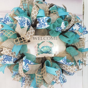 Beach Wreath, Summer Beach Wreath, Aqua Beach Wreath, Beach House Decor, Welcome Beach Wreath, Summer Door Wreaths, Turquoise Beach Crab