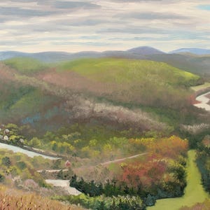 May include: An oil painting of a landscape featuring a small village nestled in a valley with a winding river, surrounded by rolling green and brown hills under a cloudy sky. The artist's signature and the date May 2018 are visible in the corner.