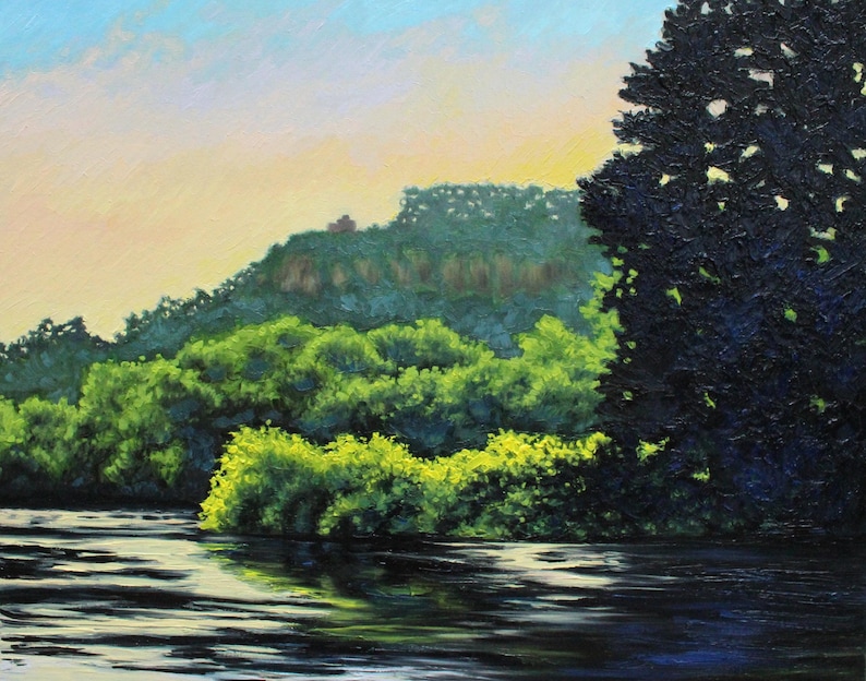 May include: A painting of a river scene with a lush green forest in the background. The river is calm and reflective, with a dark blue sky above. The forest is dense and full of trees, with a few yellow leaves scattered throughout. The painting is done in a realistic style, with a focus on detail and texture.