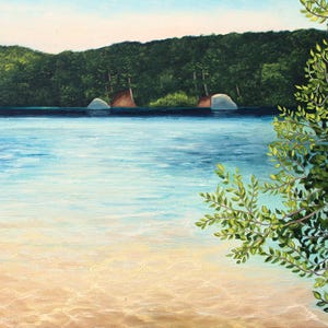 May include: A painting depicting a lake with a sandy bottom and a forest in the background. The water is a light blue colour and the sand is a light brown colour. The forest is a dark green colour. There are some trees on the right side of the image, with branches hanging over the water.