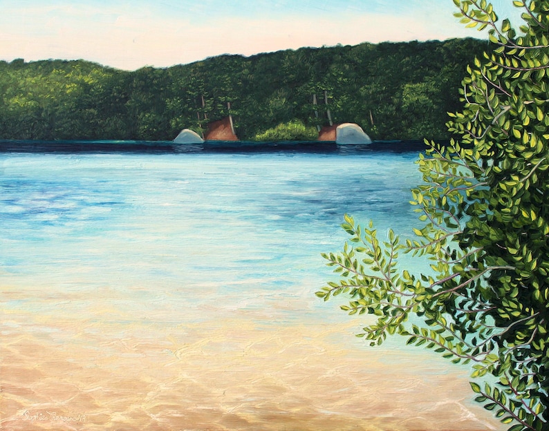 May include: A painting depicting a lake with a sandy bottom and a forest in the background. The water is a light blue colour and the sand is a light brown colour. The forest is a dark green colour. There are some trees on the right side of the image, with branches hanging over the water.