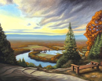 Oxbow från Mount Tom på hösten - Konsttryck