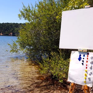 May include: A white canvas on an easel with a paint palette with blue, red, yellow, and white paint. The easel is set up on a sandy beach with a lake in the background.
