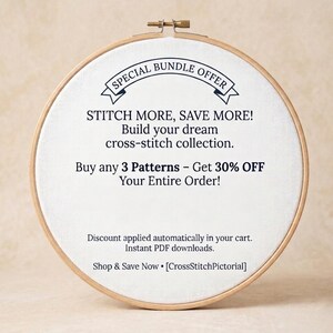 May include: A round wooden embroidery hoop with white fabric stretched inside. The fabric features text in navy blue, including "SPECIAL BUNDLE OFFER" and "STITCH MORE, SAVE MORE!" The offer is for 30% off when buying 3 patterns.