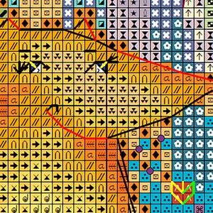 Op de afbeelding: Close-up van een kruissteekpatroon met een verscheidenheid aan kleuren en symbolen. Het patroon bevat pijlen, bloemen en geometrische vormen. De kleuren omvatten geel, oranje, blauw, groen en paars.