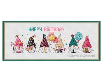 May include: Cross-stitch artwork featuring seven whimsical gnomes celebrating a birthday. Each gnome wears a unique hat and holds party-themed items like balloons and cake. The words "HAPPY BIRTHDAY" are stitched above them.