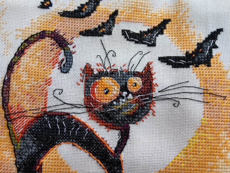 crazy bat beginner needlepoint scheme Black cat Halloween cross stitch pattern funky cat hand embroidery design
