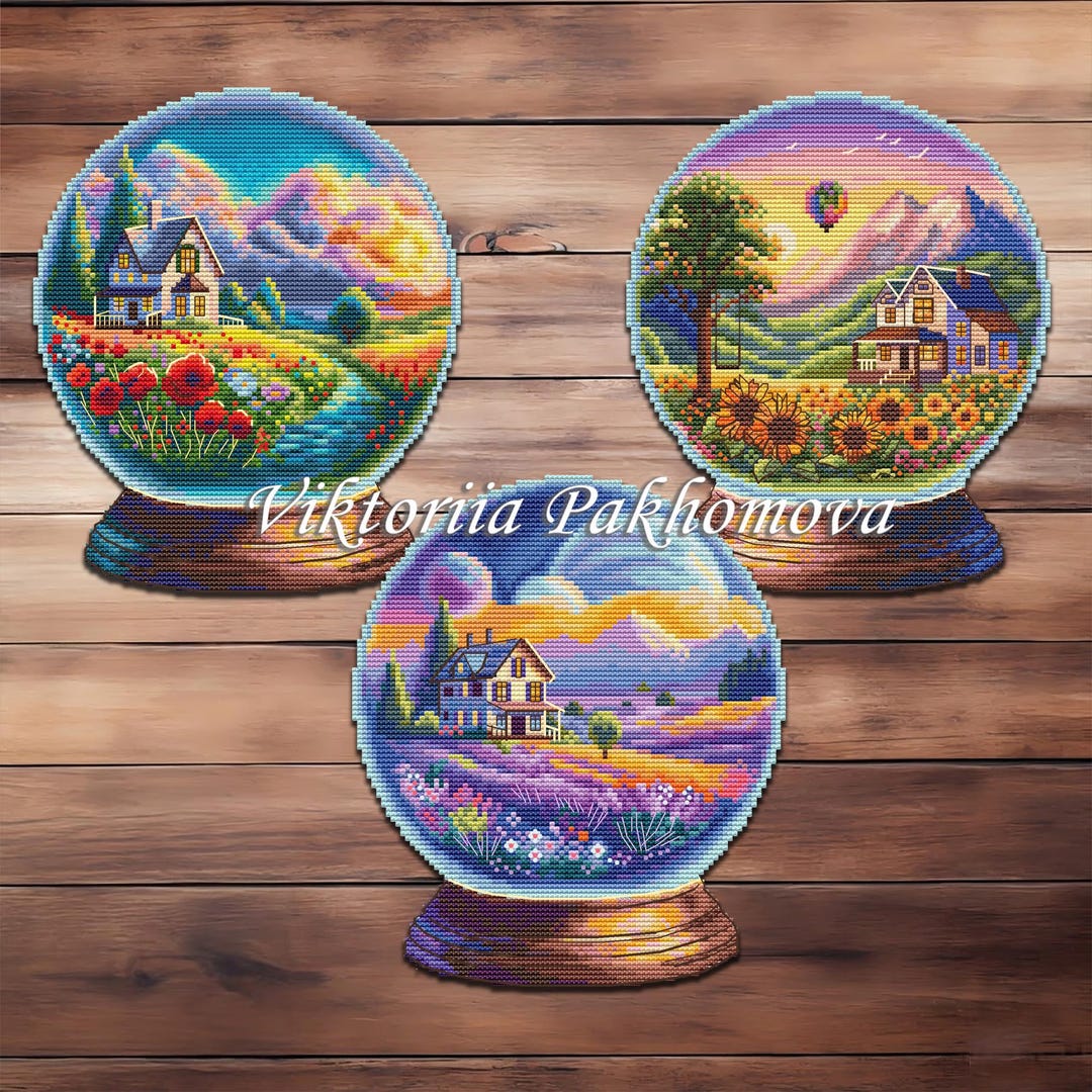 Seasonal Snow Globe Cross Stitch Pattern Set - Poppies, Sunflowers ...