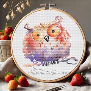 Orange owl cross stitch pattern pdf, Whimsical colorful bird, funny embroidery, Nursery tapestry art, kids room decor, made in Ukraine