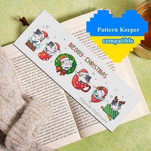 Christmas cat cross stitch pattern pdf Winter bookmark calico cat embroidery diy craft for adults Funny kitten kawaii kitchen decor