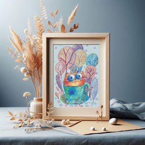 秋の猫のカップのクロスステッチパターンpdf 面白いジンジャーキティの絵の秋の刺繍 猫のペットの動物のタペストリー 保育園の布製壁アート