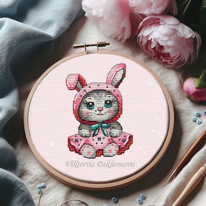 Babykonijn kruissteekpatroon pdf kawaii dier borduurwerk, kattentapijt, kinderkamer kunst decor, meisje babyshower tapijt stiksels cadeau