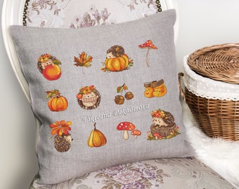 Autumn hedgehog cross stitch pattern pdf Pictorial fall mushroom tapestry Maple leaf woodland animal embroidery pumpkin digital download