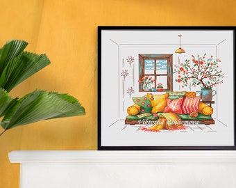 Spring calm cross stitch pattern pdf Charming blooms natureiInspired calm embroidery Ginger cat funny tapestry design instant download