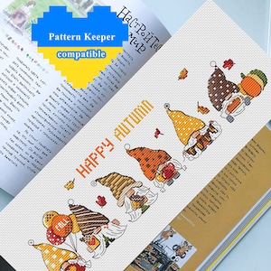 Fall gnome bookmark cross stitch pattern pdf Pictorial mini thanksgiving fairy funny tapestry Small dwarf kawaii embroidery digital download