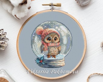 Snow Globe Owl Cross Stitch Pattern: Winter Bird In glass ball Xmas Embroidery (PDF)