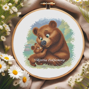 クマの家族のクロスステッチパターンPDF 気まぐれな森の動物の刺繍 母の日ギフト 親と赤ちゃんのタペストリーデザイン 保育園のアート装飾