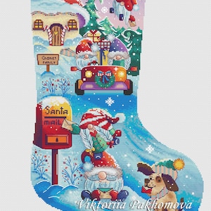 May include: A Christmas stocking featuring a cross-stitch design with gnomes, a car, and a dog in a snowy scene. The gnomes are wearing red and purple hats. The text "Gnomes Family" and "Santa Mail" are visible.