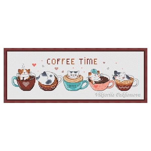 コーヒー猫のミニバンドルクロスステッチパターンPDF、フレンズジンジャーキャリコ子猫ミニ刺繍、面白い動物のタペストリーデジタルダウンロード
