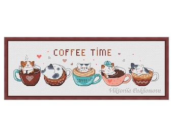 Modèle de point de croix Coffee Cats : marque-page drôle de chaton (téléchargement numérique PDF)