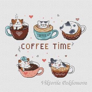 コーヒー猫のミニバンドルクロスステッチパターンpdf気まぐれな猫のペットタペストリージンジャーキャリコ猫の刺繍ミニ動物タペストリーデジタル