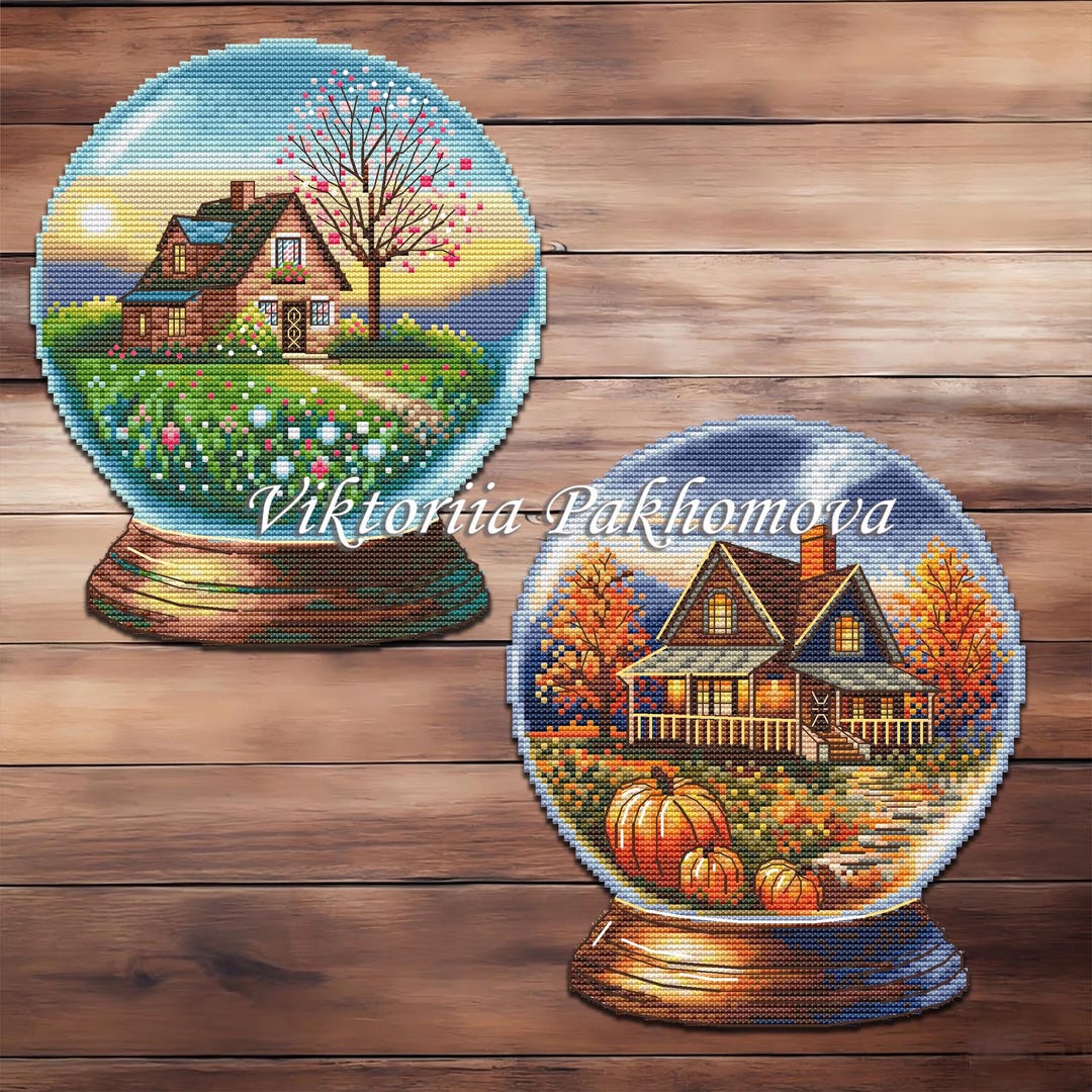 Seasonal Snow Globe Cross Stitch Pattern Set - Spring & Autumn House ...