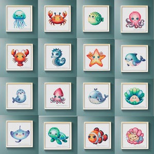 カラフルな海の生き物の束のクロスステッチパターンpdf赤ちゃんのカニイカの子供の刺繍かわいい保育園の装飾DIY新しい女の子の男の子のシャワータペストリーのデザイン
