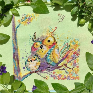 Two crazy owls cross stitch pattern pdf Cute funny birds embroidery do it yourself Colorful tapestry kids room decor Birthday gift for her