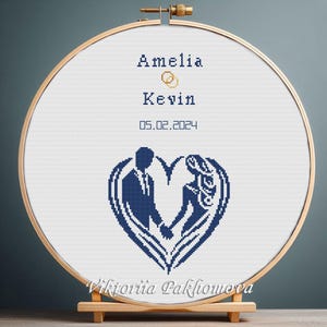 Peut inclure: Un cercle de broderie blanc avec une silhouette bleue d'un couple debout dans un cœur. Le texte "Amelia Kevin 05.02.2024" est au-dessus du couple et le texte "Viktoria Pakhomova" est en dessous du couple.
