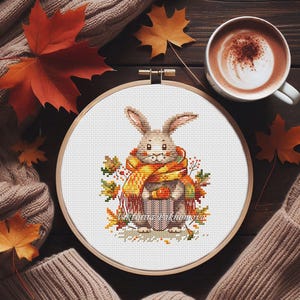 Herbst Kaninchen Kreuzstich Stickmuster pdf Bunter Kürbis Herbst Pilz Wandbild Ahornblatt Waldtier Stickerei digitaler download