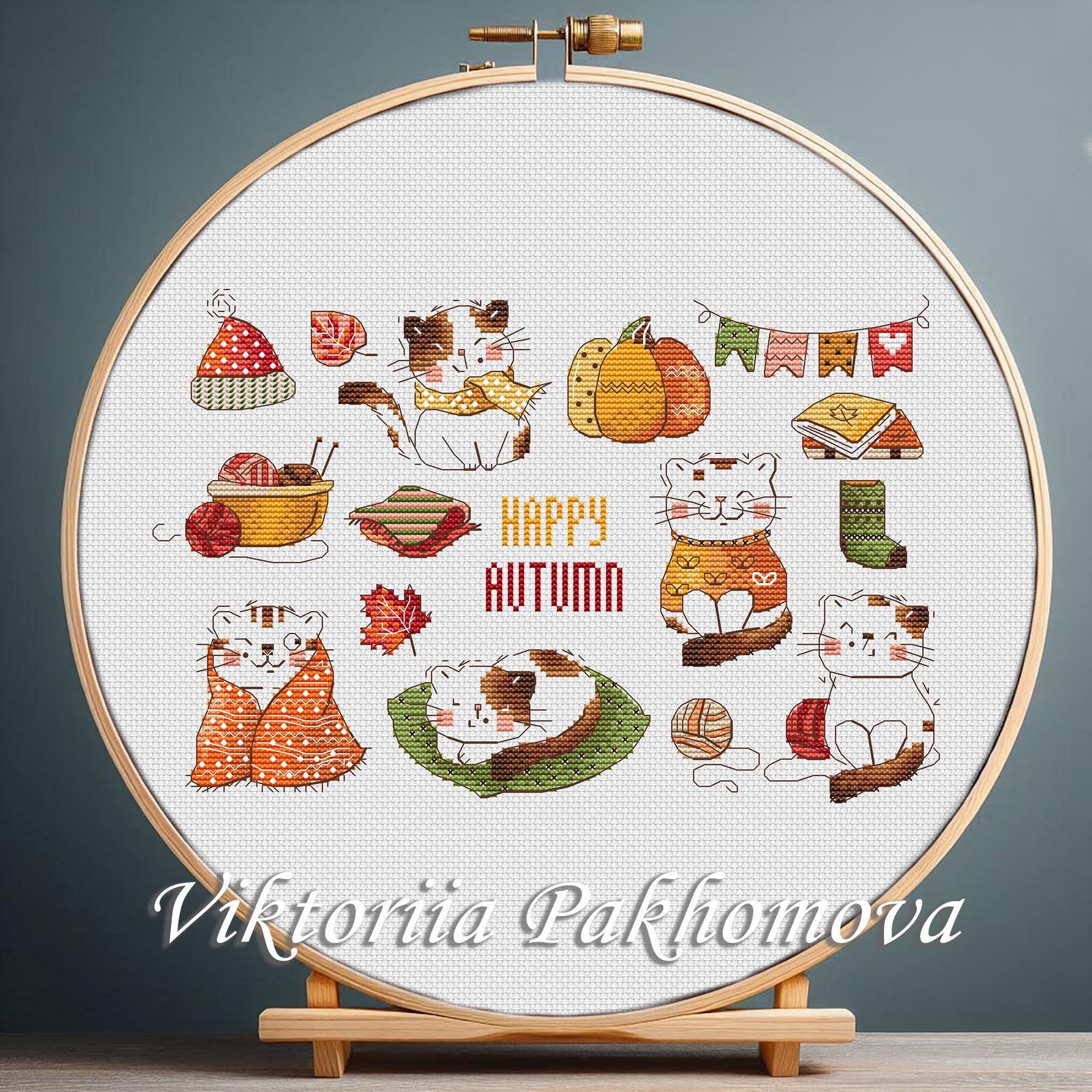 秋の三毛猫のクロスステッチパターンPDF、カラフルな秋の子猫の手刺繍