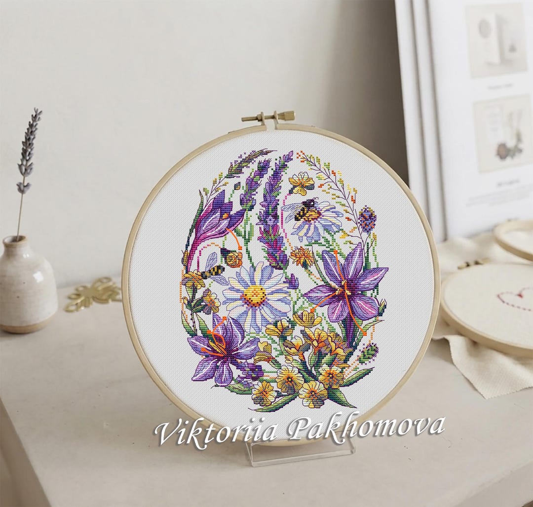Floral Easter Egg Cross Stitch Pattern, Spring Botanical Embroidery ...
