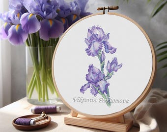Schema per punto croce "Iris blu" in PDF, ricamo di fiori botanici, download immediato, compatibile con Pattern Keeper