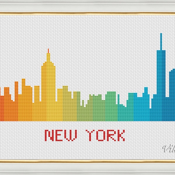 NYC skyline cross stitch pattern pdf USA travel watercolor tapestry Rainbow city silhouette embroidery diy craft for adults gifts for her
