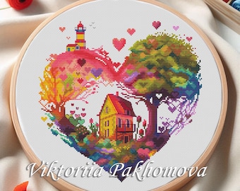 Rainbow Heart Cross Stitch Pattern, Colorful House Landscape Embroidery (PDF Download)