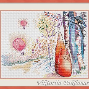 キツネとワタリガラスのクロスステッチパターン（PDF） 森の動物の絵画風の面白い刺繍 気まぐれなザリガニ 保育園のタペストリーアート デジタルダウンロード