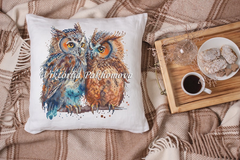 Owls in love cross stitch pattern pdf Romantic pictorial birds pair embroidery Family funny tapestry digital download made in Ukraine image 3