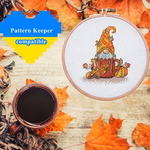 Cocoa gnome cross stitch pattern pdf Thanksgiving leprechaun funny tapestry do it yourself Fall fairy embroidery birthday gift for her