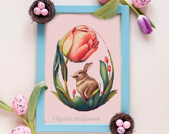 Easter bunny cross stitch pattern pdf Pictorial floral egg embroidery Red pink plant botany tulip tapestry digital download  made in Ukraine