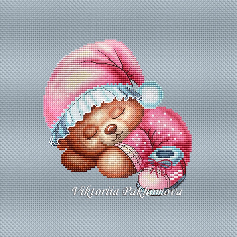 Sleeping Bear Cross Stitch Pattern Pdf Kawaii Animal Girl Kids Pink
