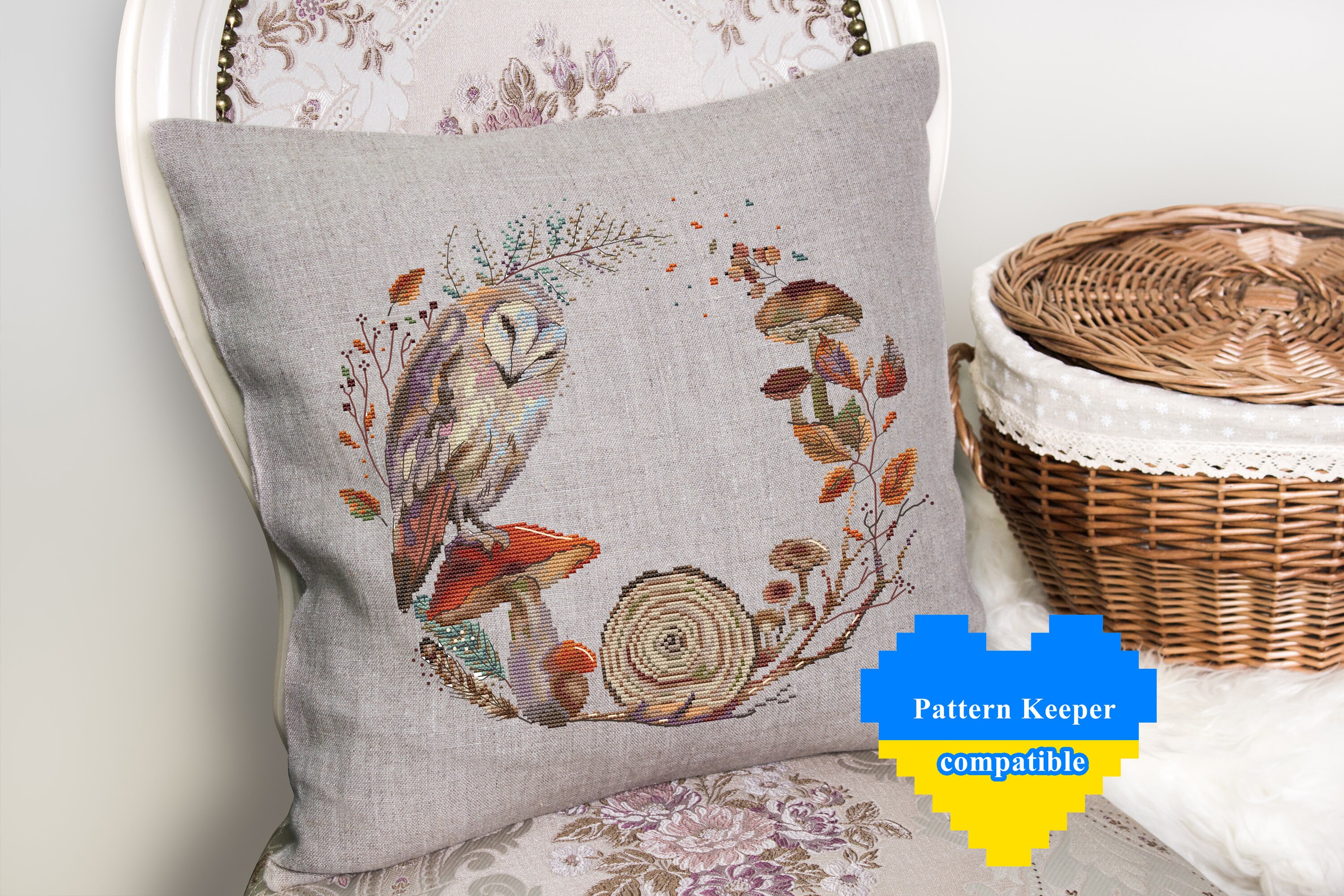 Autumn Barn Owl Cross Stitch Pattern: Fall Wreath Bird Embroidery, Mushrooms design (PDF)