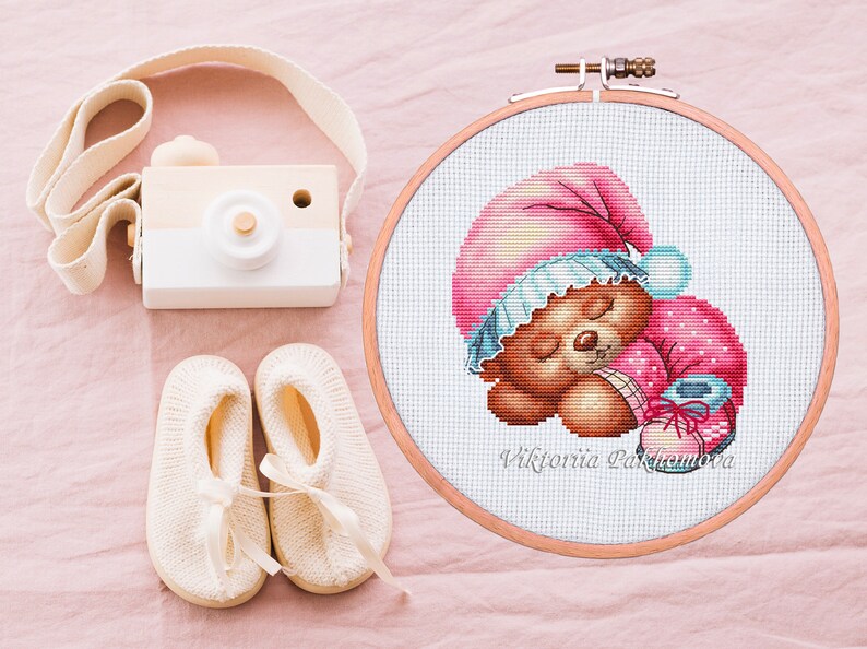 Sleeping Bear Cross Stitch Pattern Pdf Kawaii Animal Girl Kids Pink